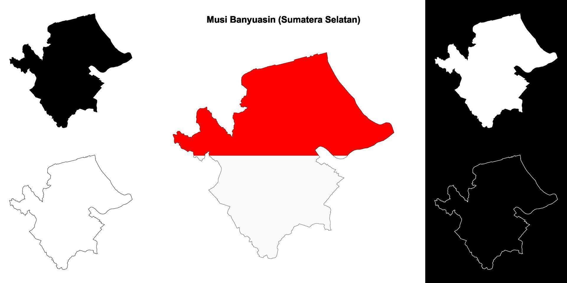 Musi Banyuasin blank outline map set vector