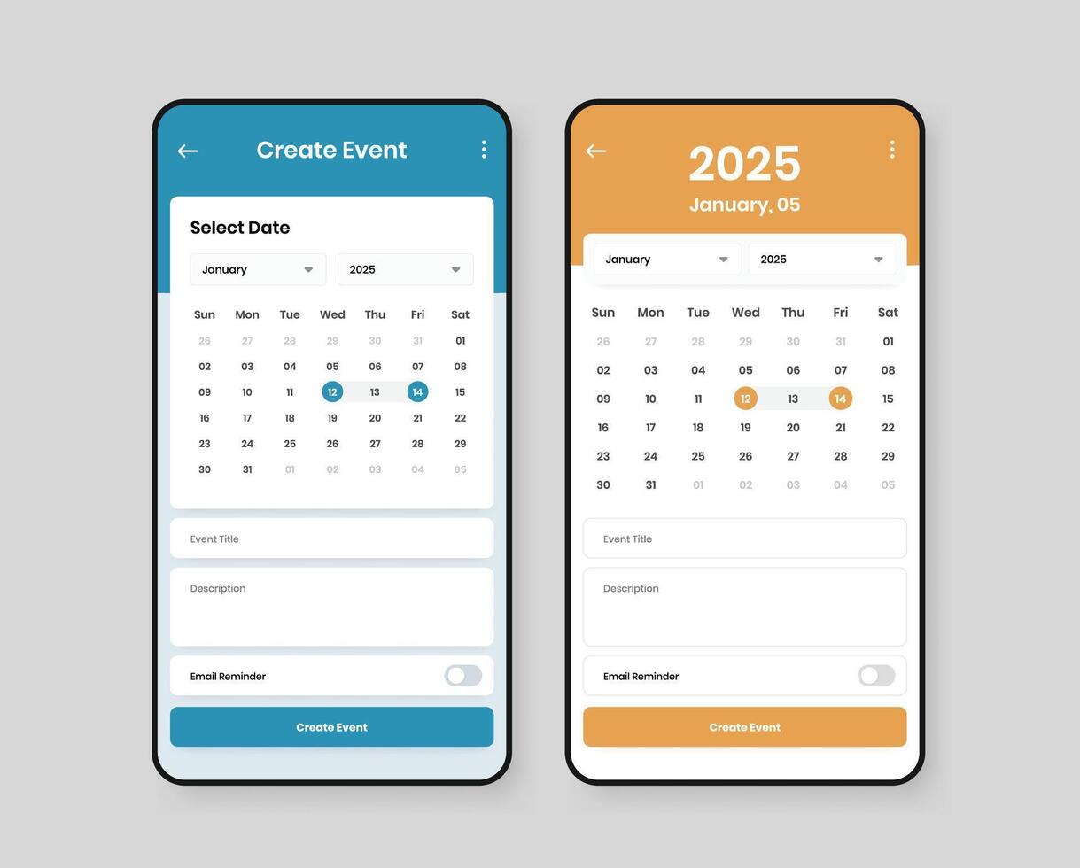 Date Selection and Event Creation UI Design for Mobile Applications with Two Theme Variations vector