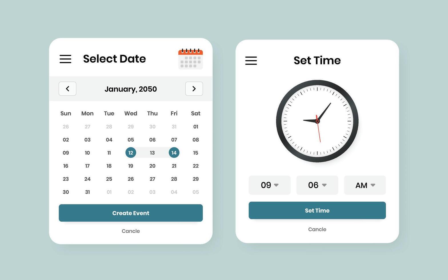 Modern Date and Time Selection UI Kit Design for Mobile and Web Applications vector