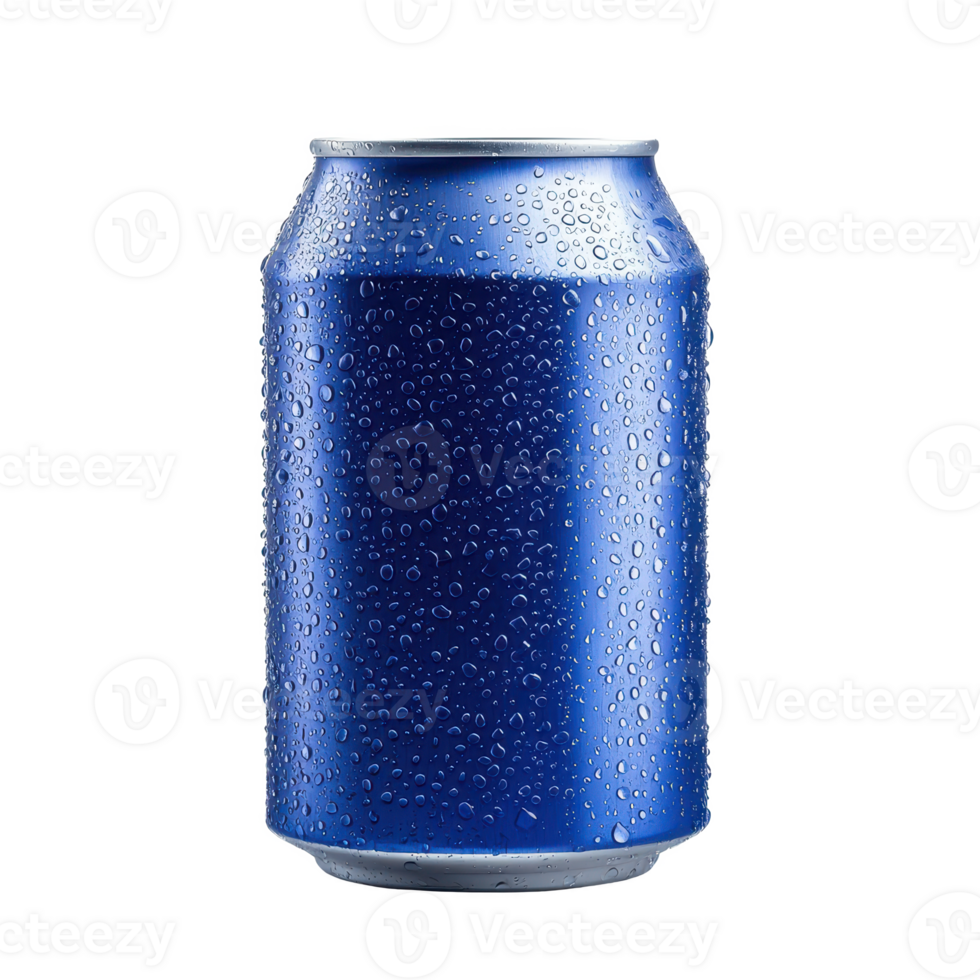 Close-up of a cold, refreshing blue soda can with droplets of water. png