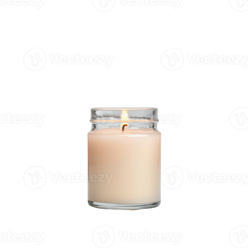 A soothing candle burning gently in a clear glass jar, creating a warm ambiance. png