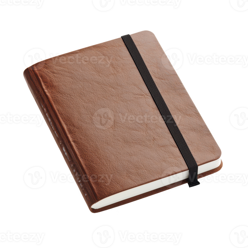 A stylish brown leather notebook with a black elastic band, perfect for jotting notes. png