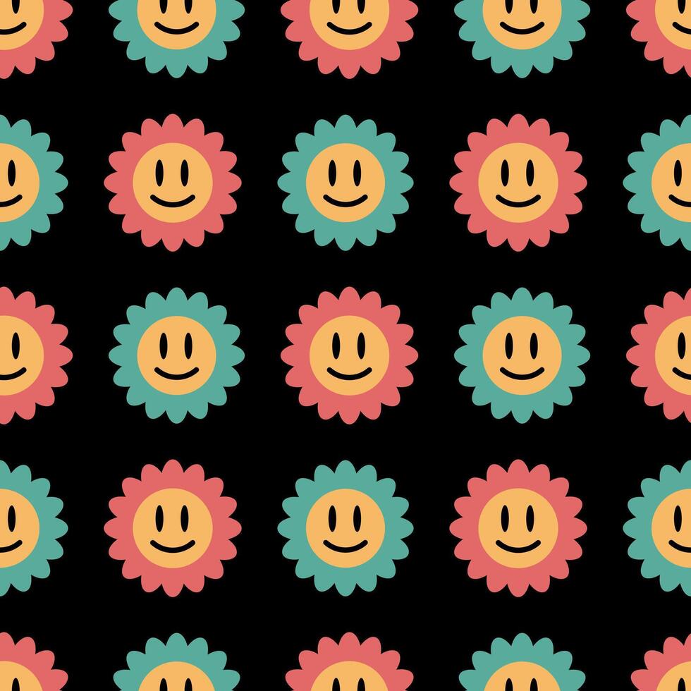 Retro groovy floral pattern. Flowers with emoji on a black background. illustration for summer design, background, fabric, wrapping paper, cover, paper vector