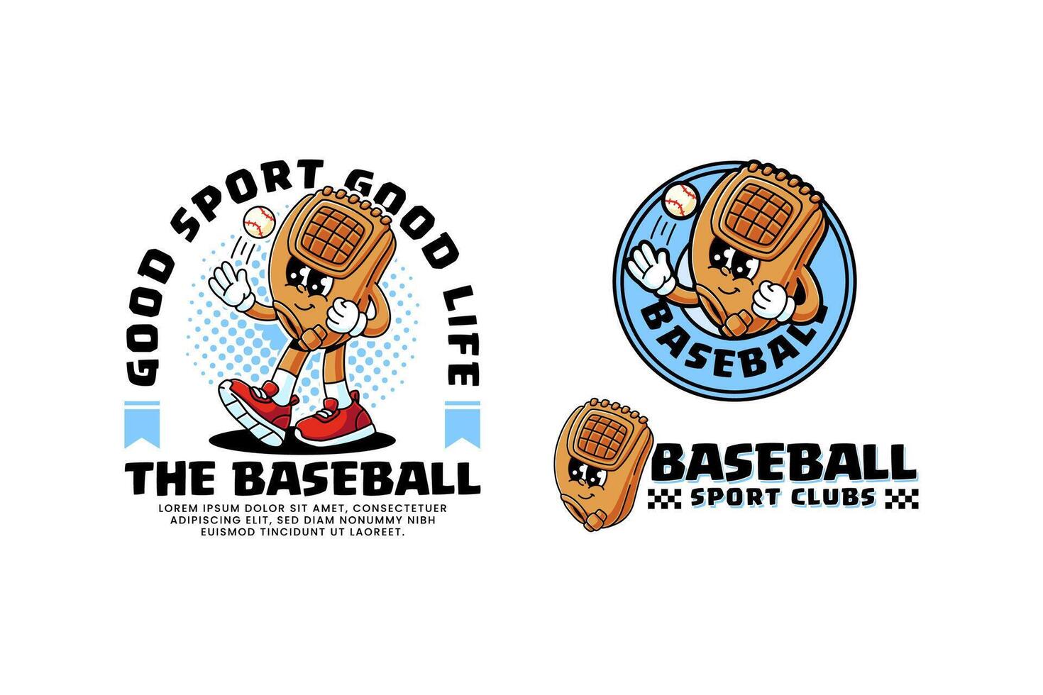 baseball gloves mitten retro cartoon character mascot illustration collection set with walking pose and throwing baseball ball for baseball softball sport club mascots and merchandise vector