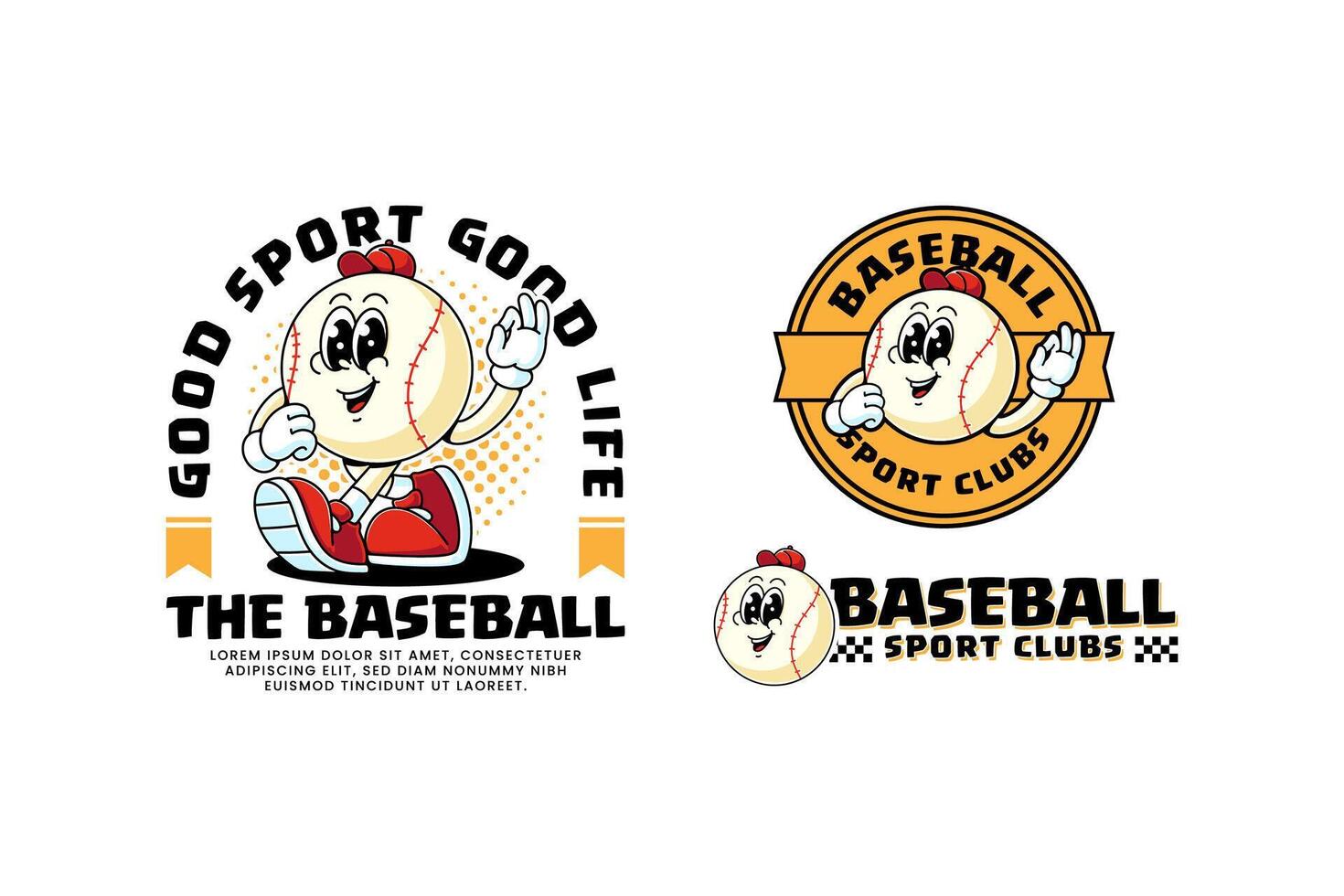 baseball ball wearing cap retro cartoon character mascot illustration collection set with walking pose and showing check ok hand for baseball softball sport club mascots and merchandise vector