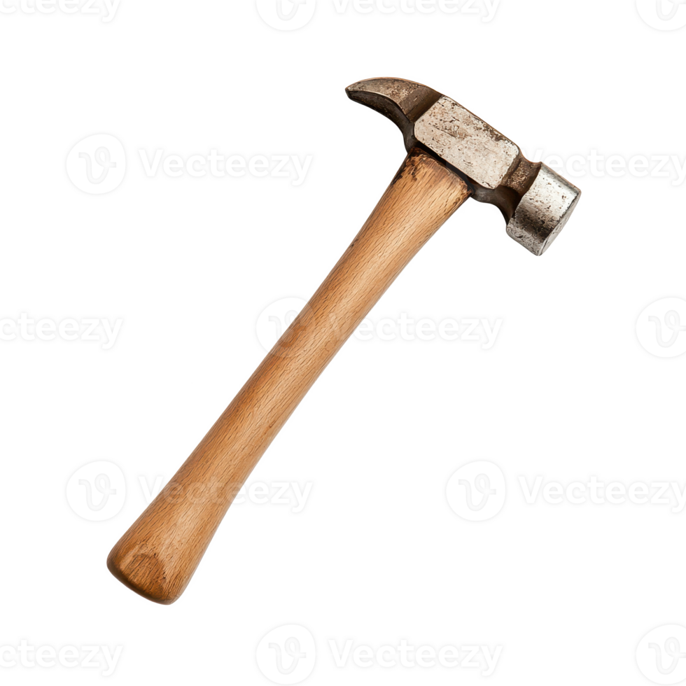 A well-used hammer with a wooden handle and metal head, perfect for construction tasks. png