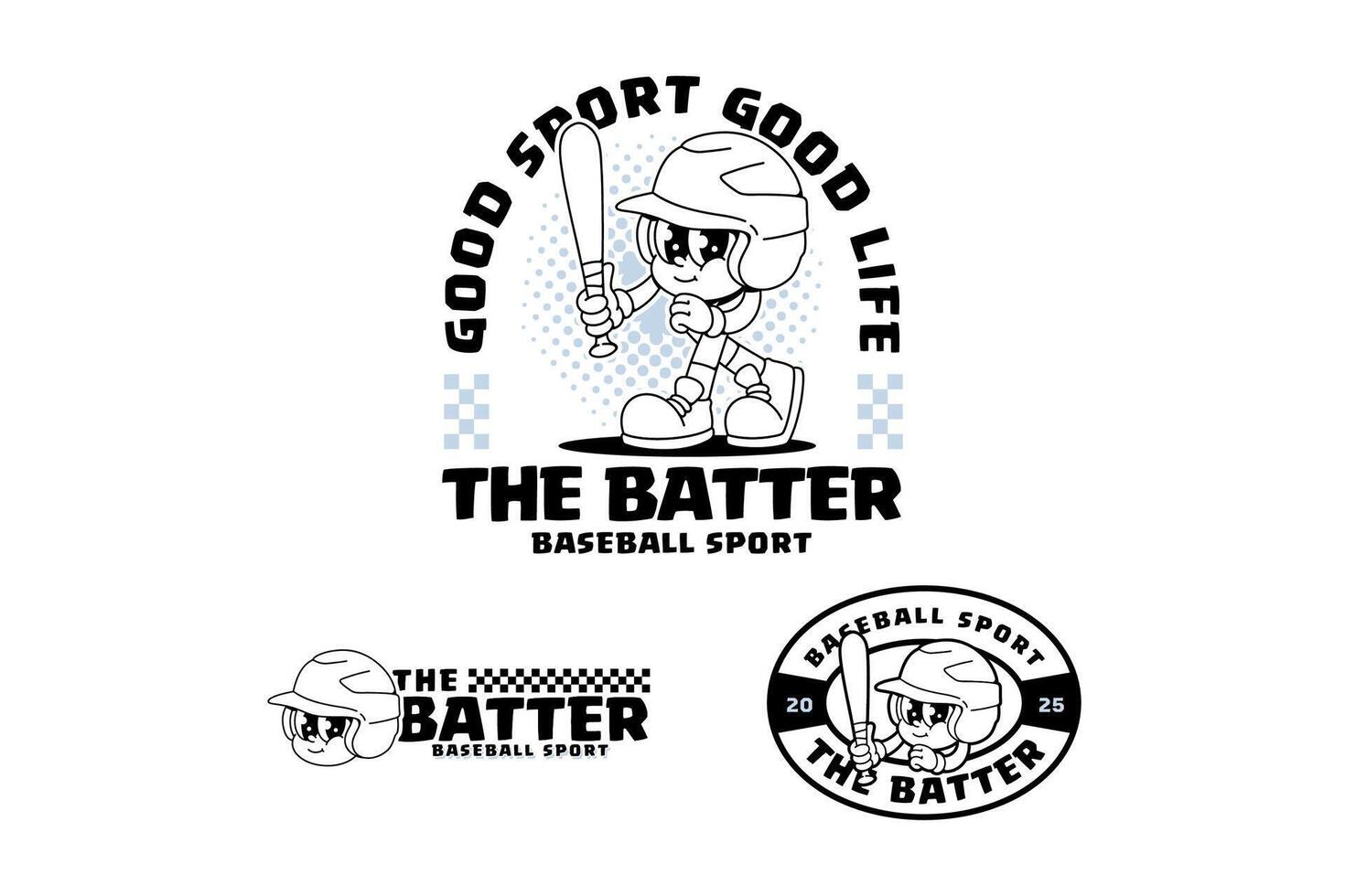 baseball helmet retro cartoon character mascot outline line art illustration set with standing pose and holding baseball bat for baseball softball sport club mascots and merchandise vector