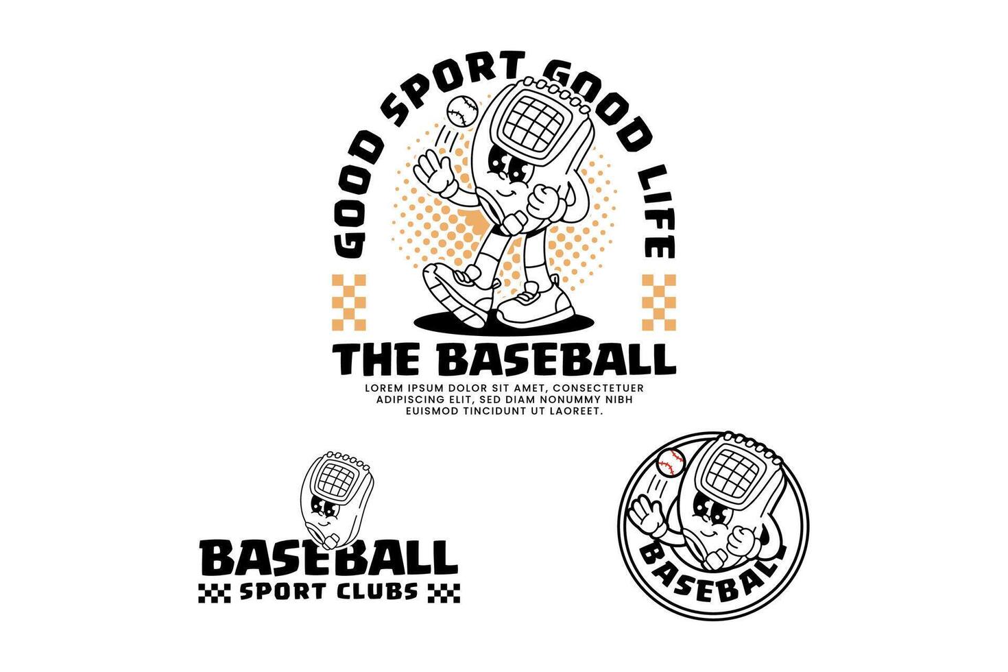 baseball gloves mitten retro cartoon character mascot outline line art illustration set with walking pose and throwing baseball ball for baseball softball sport club mascots and merchandise vector