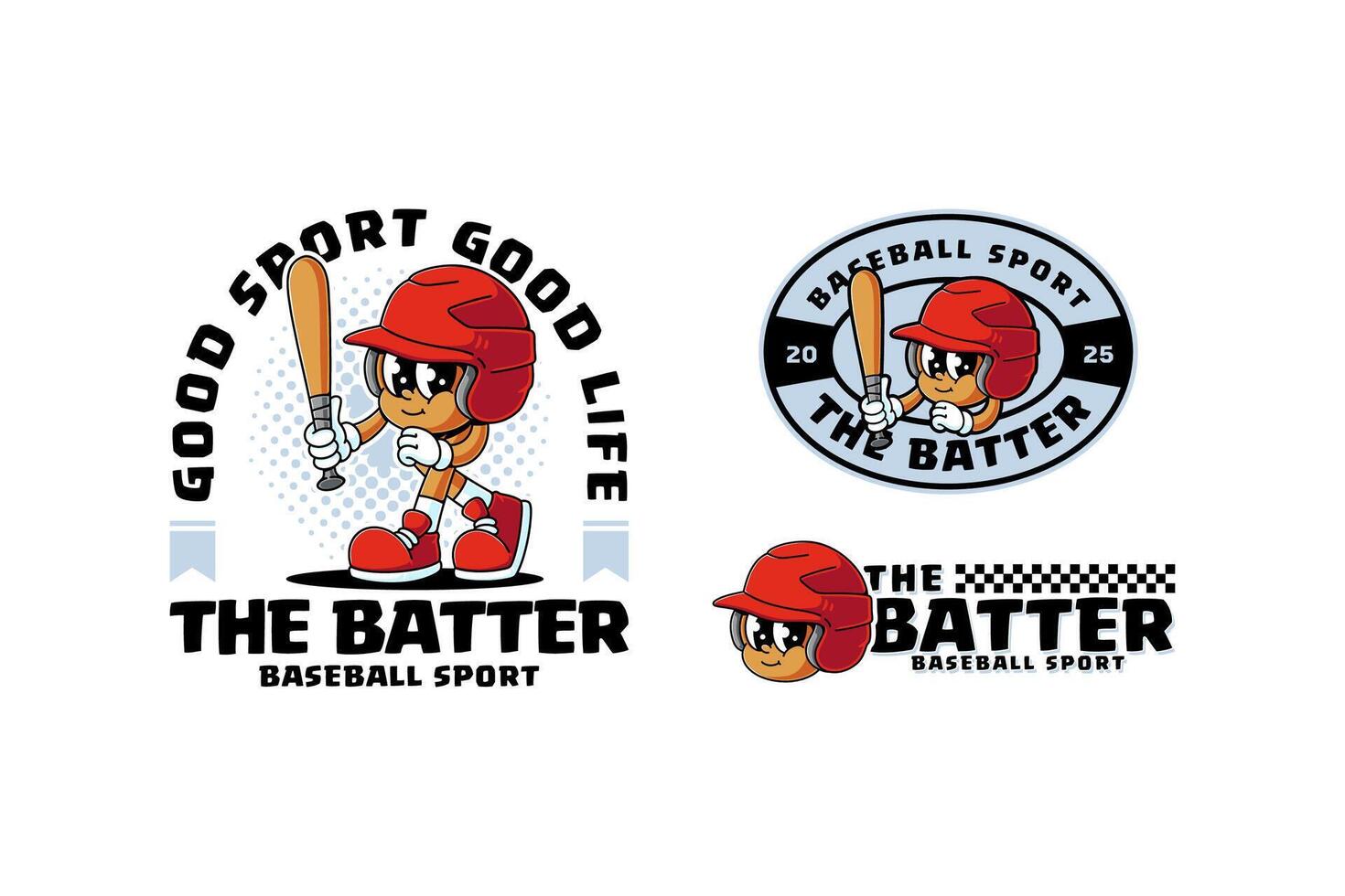 baseball helmet retro cartoon character mascot illustration collection set with standing pose and holding baseball bat for baseball softball sport club mascots and merchandise vector