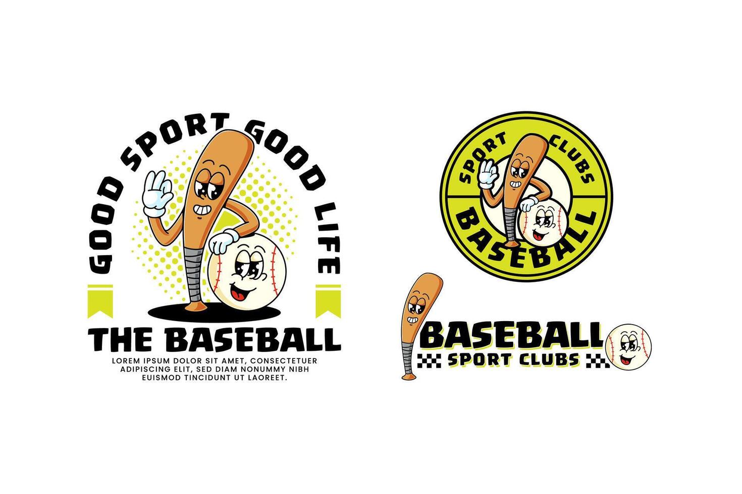 baseball bat and ball retro cartoon character mascot illustration collection set with standing and leaning on each other for baseball softball sport club mascots and merchandise vector