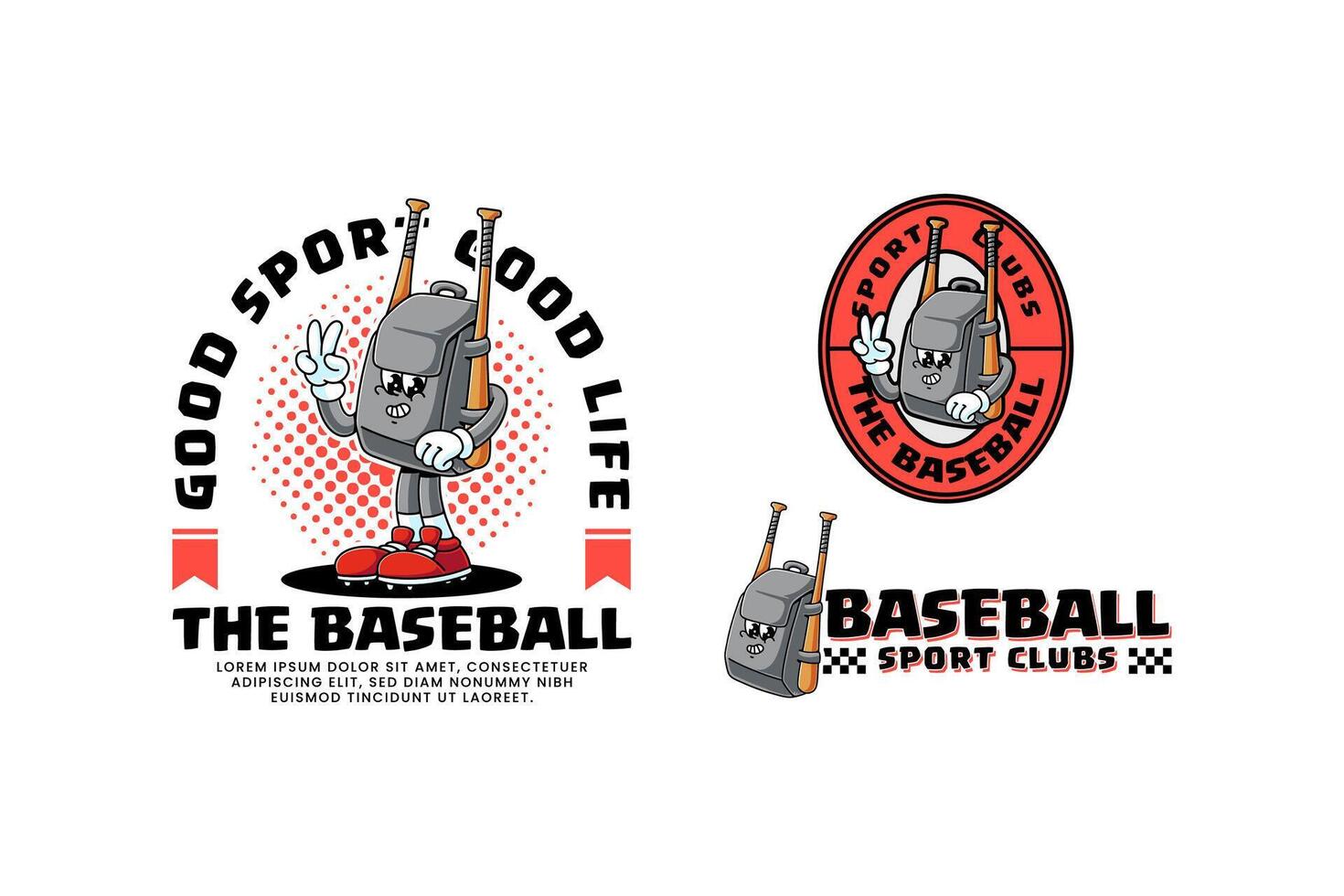 baseball backpack retro cartoon character mascot illustration collection set with standing pose, peace hand, carry a baseball bat for baseball softball sport club mascots and merchandise vector