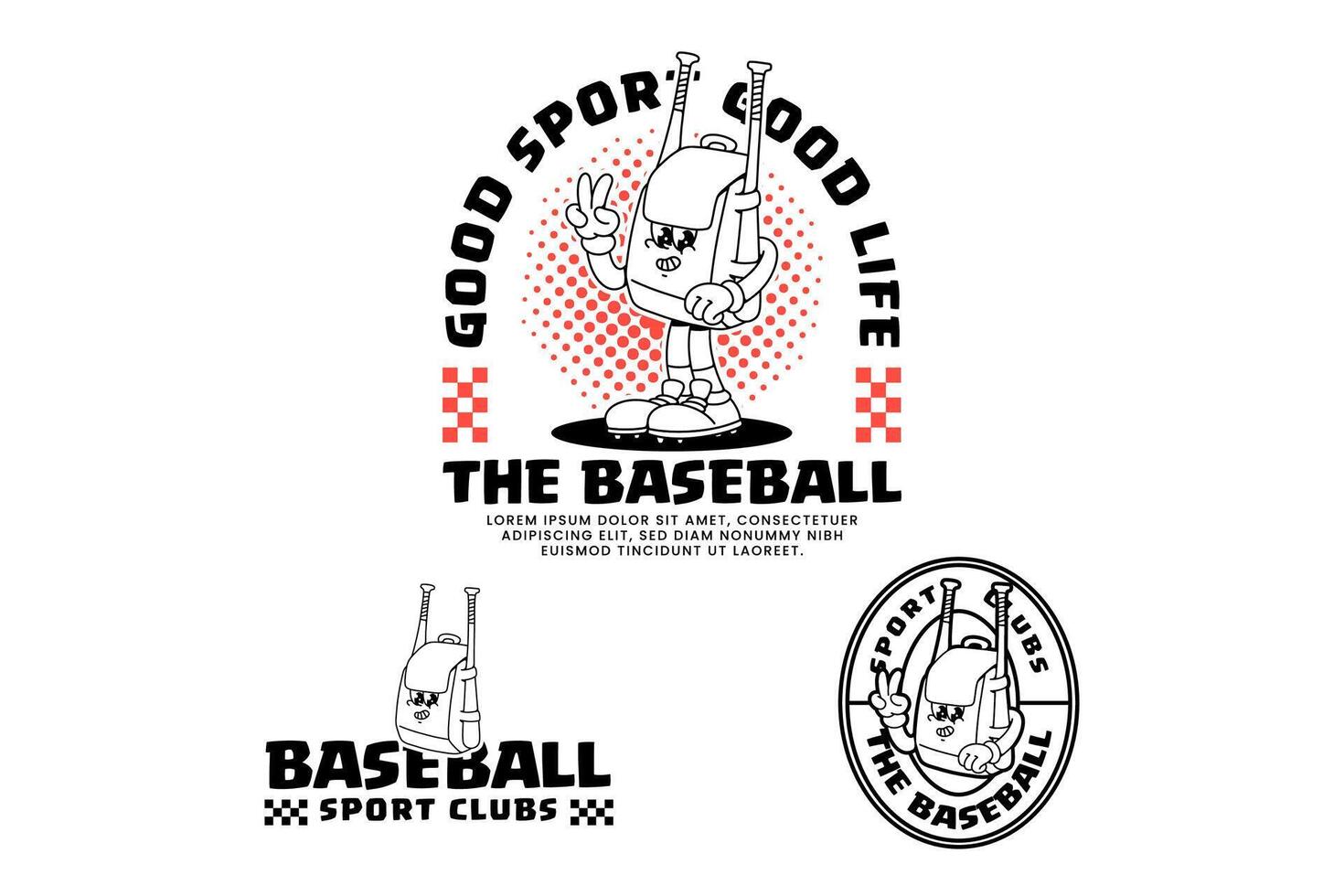 baseball backpack retro cartoon character mascot mascot outline line art illustration set with standing pose, peace hand, carry a baseball bat for baseball softball sport club mascots and merchandise vector