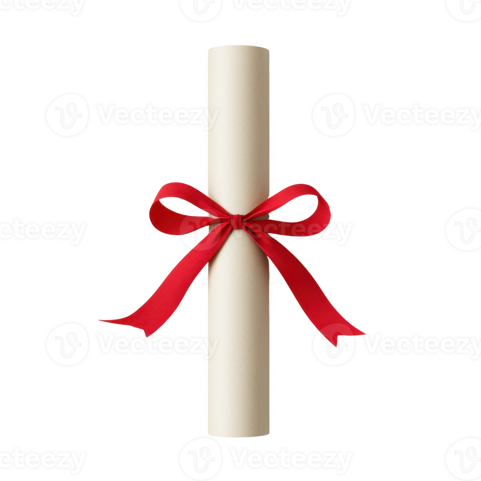 A rolled diploma tied with a red ribbon symbolizing achievement and celebration. png