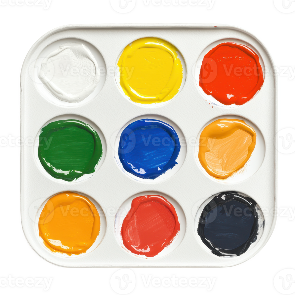 A vibrant palette of colorful paints ready for artistic creation. png