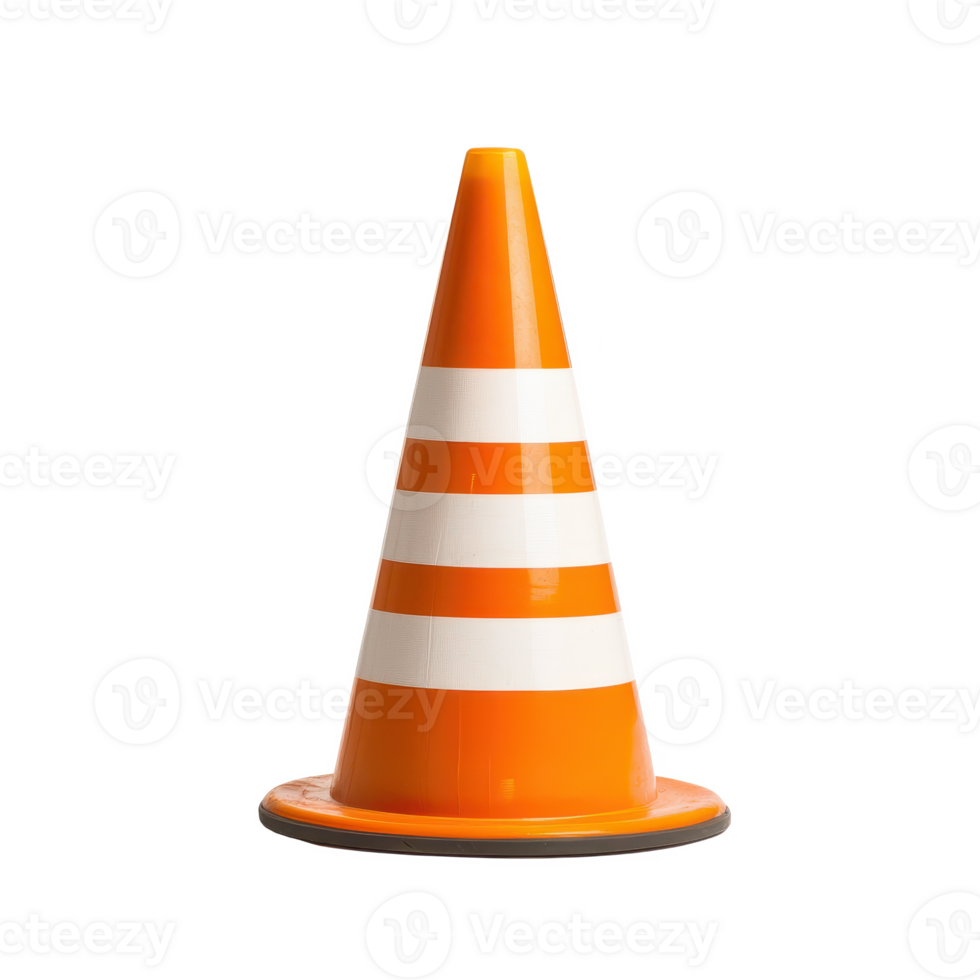 An orange traffic cone with white stripes, marked for road safety and diversion. png