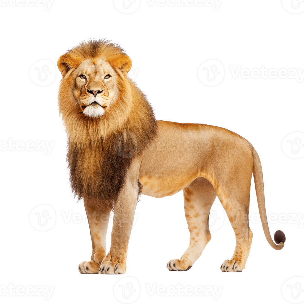 A majestic lion standing proudly, showcasing its powerful presence and striking mane. png