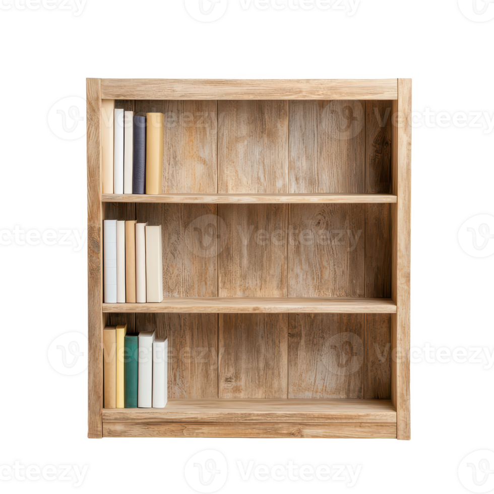 A rustic wooden bookshelf with empty shelves ready for books and decorations. png