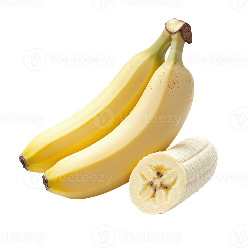 Fresh bananas and a sliced banana showcasing their bright color and appealing texture. png