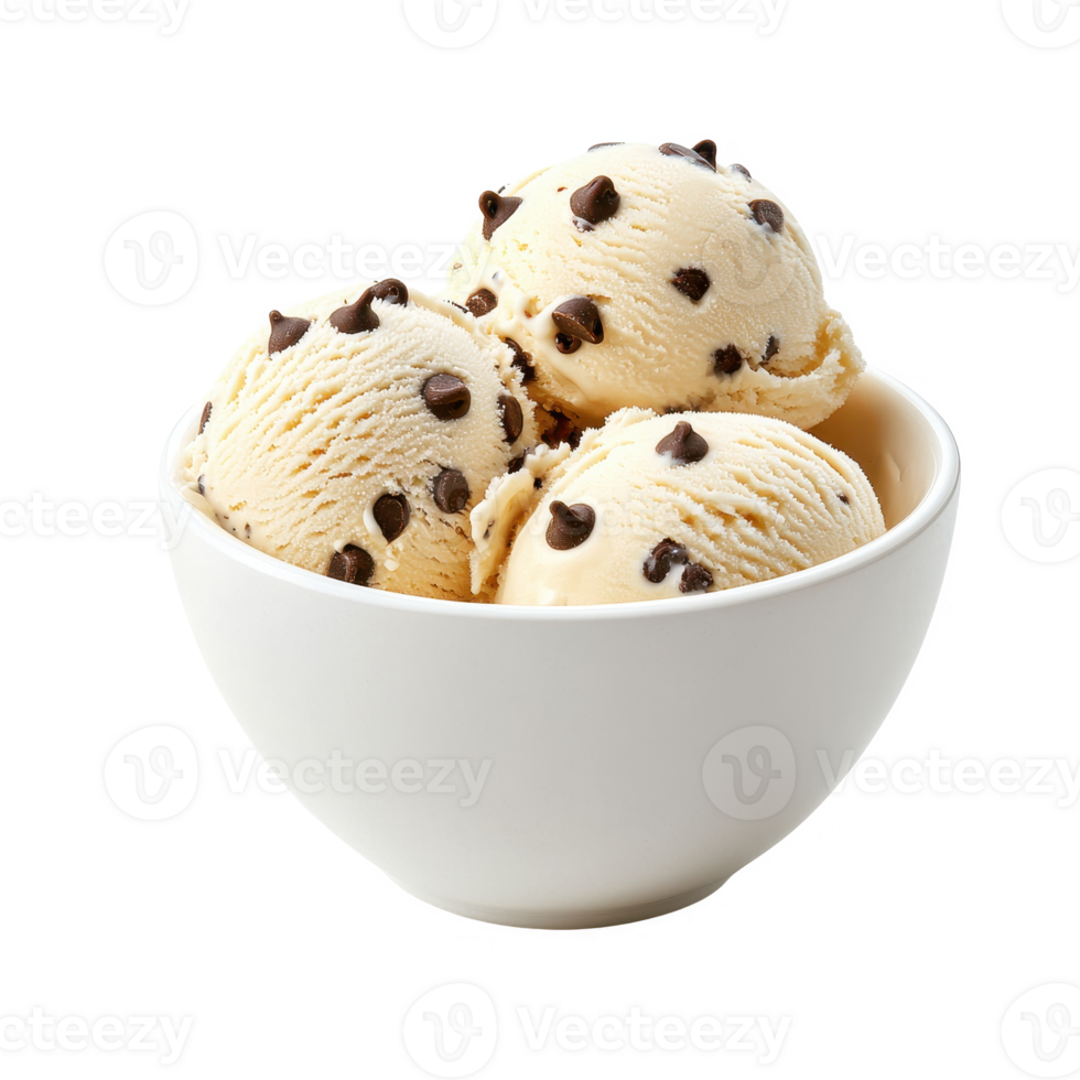 Delicious chocolate chip ice cream scoops served in a white bowl. png