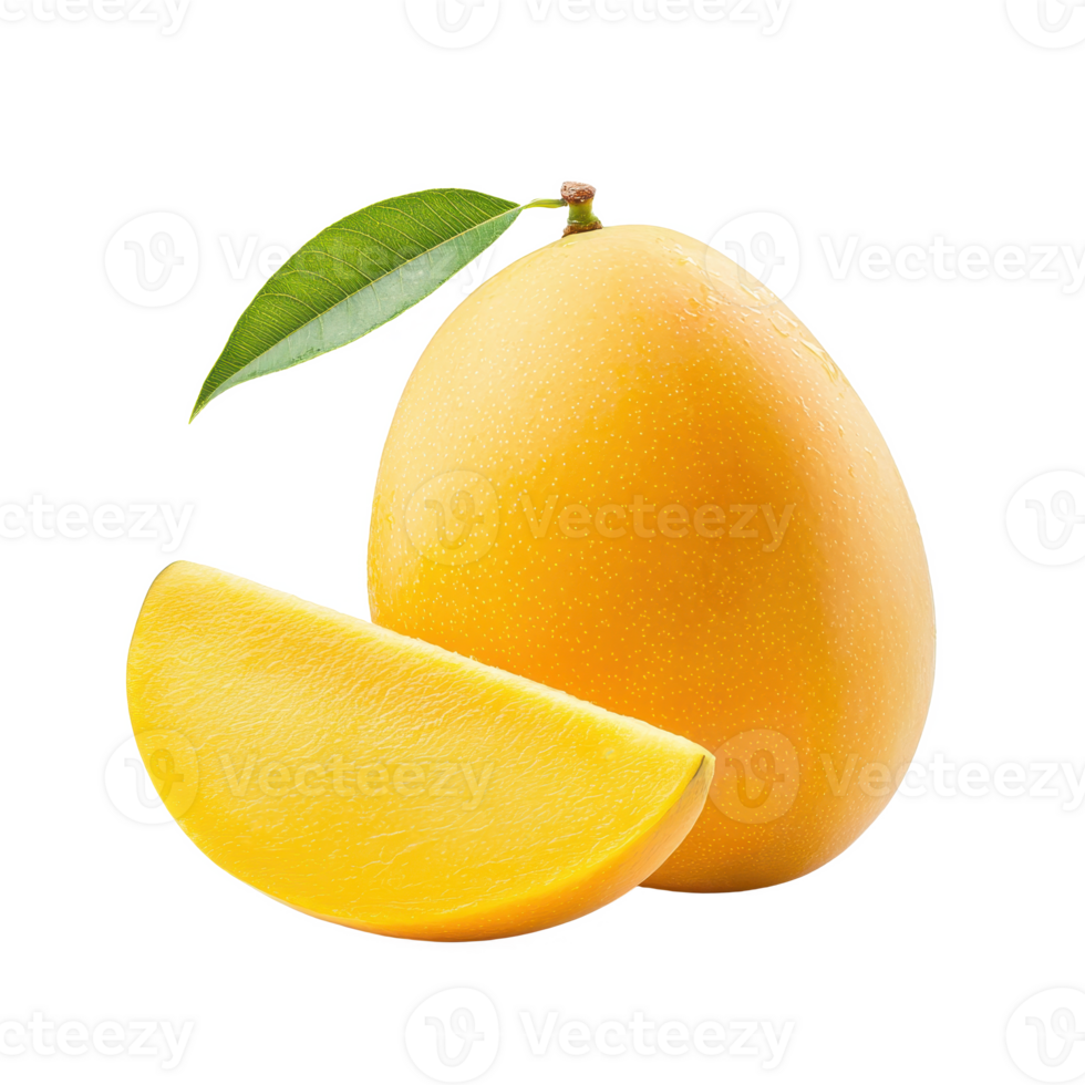 Fresh mango with a slice and green leaf on a clean background. png