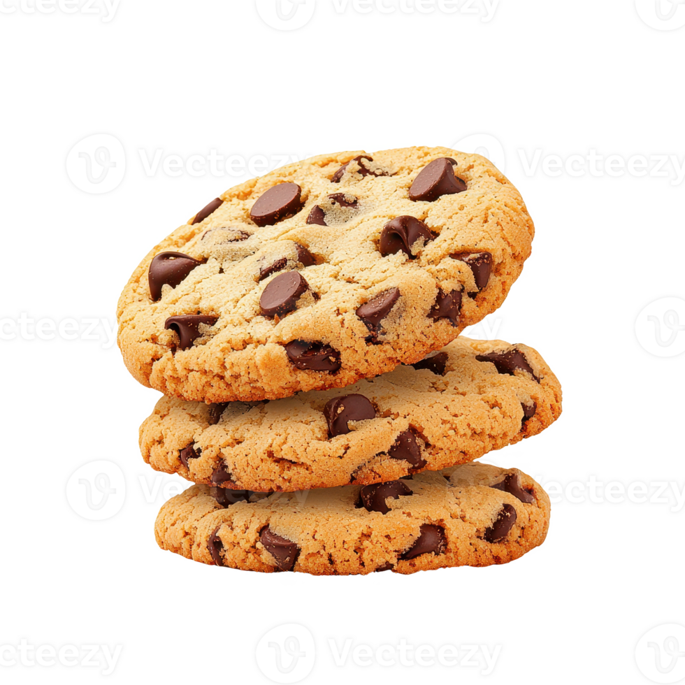 Delicious chocolate chip cookies stacked, perfect for dessert or snacking. png