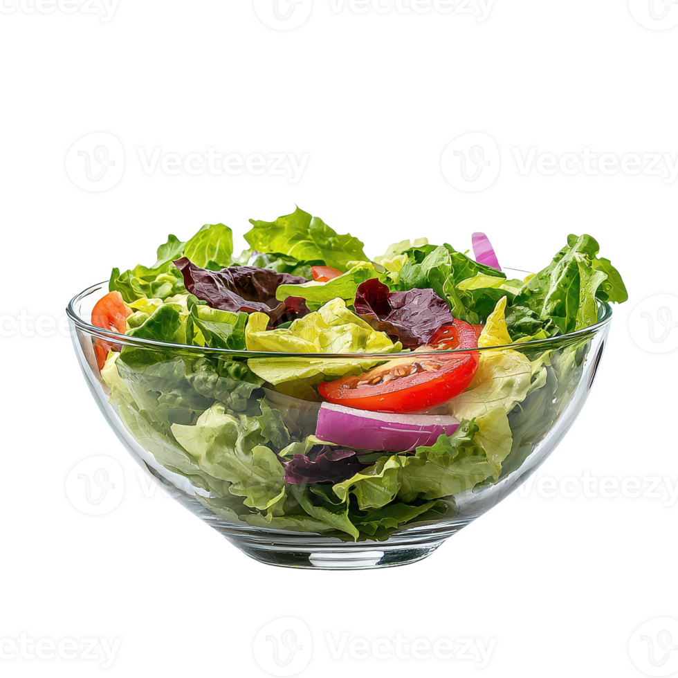 Fresh and colorful salad with a mix of greens and vegetables in a clear glass bowl. png