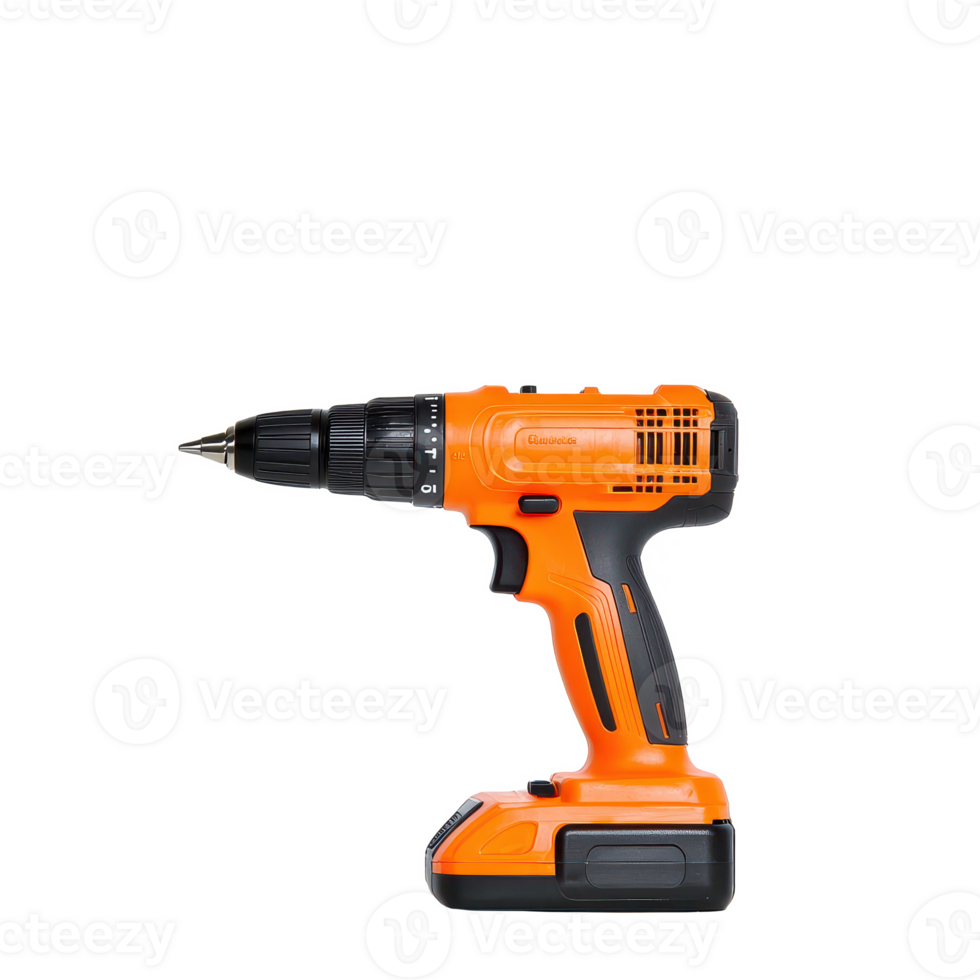 Electric cordless drill with a bright orange body for effective fastening and drilling. png