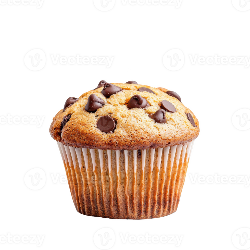 Delicious chocolate chip muffin with golden crust and moist center. png
