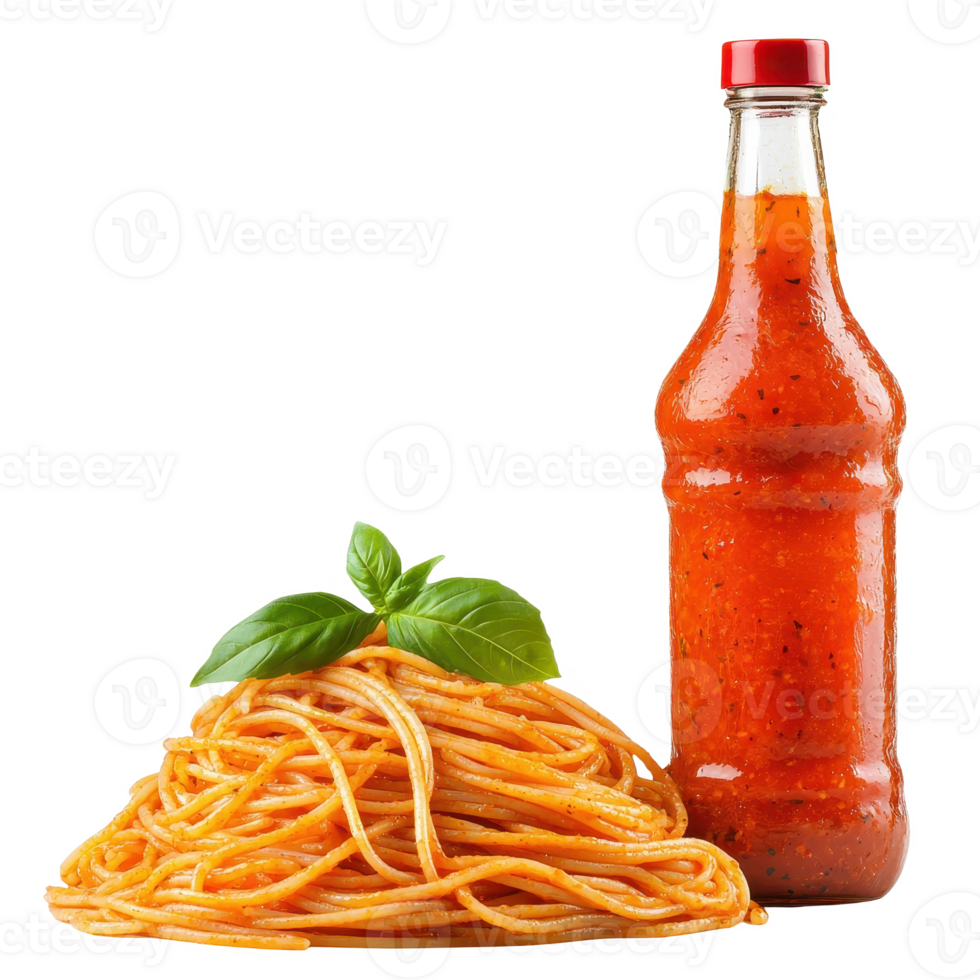 Delicious spaghetti with vibrant tomato sauce and fresh basil on top. png