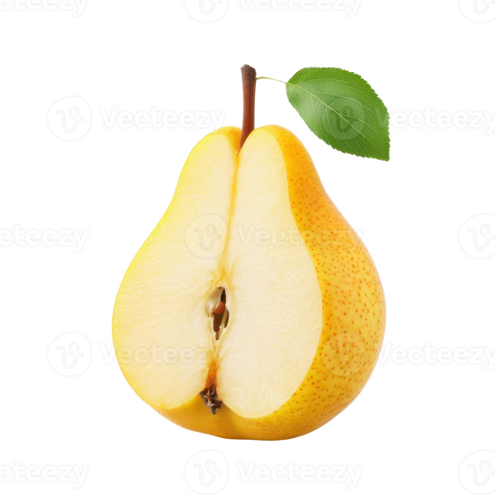Fresh and juicy pear cut in half, showcasing its vibrant yellow color and soft texture. png