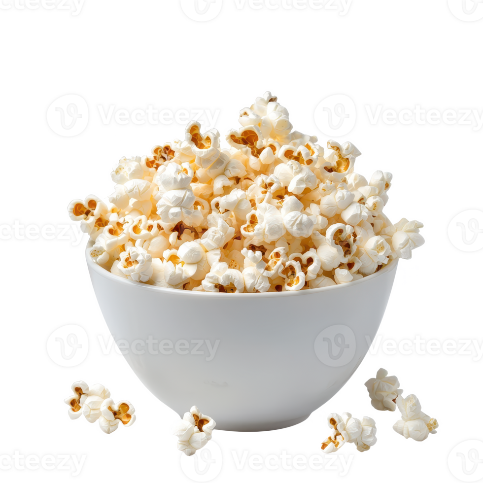 Delicious fluffy popcorn in a white bowl, perfect for snacking or movie nights. png
