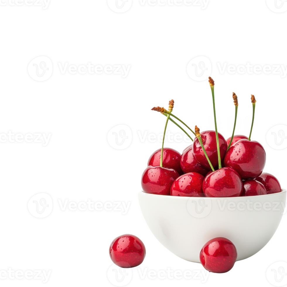 Fresh, juicy cherries in a white bowl with a few scattered cherries around. png