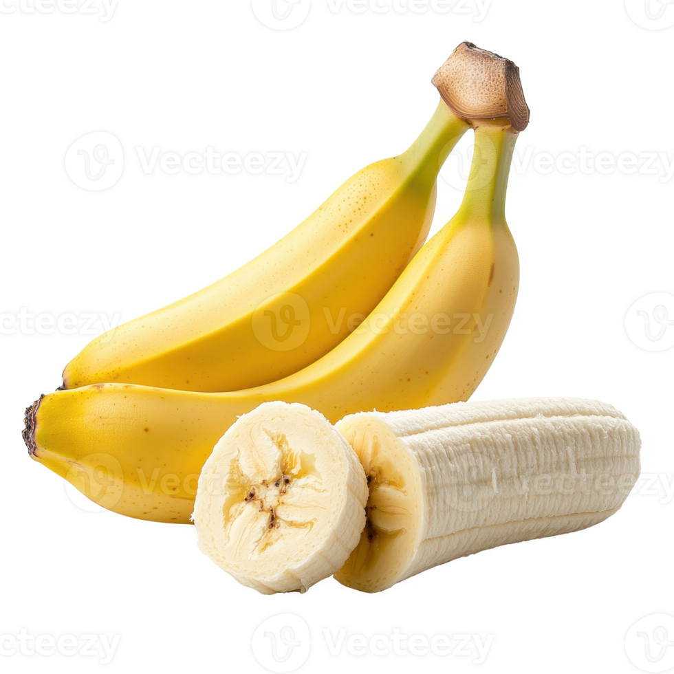 Fresh bananas, both whole and sliced, showcasing their vibrant yellow peel and creamy flesh. png
