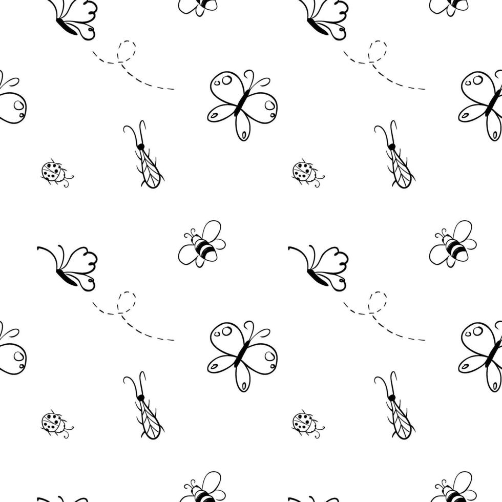 Seamless pattern of Doodle insects. Animal background with bee, butterfly, ladybug and beetle. Hand drawn simple illustration in monochrome. Outline print for fabric, textile, wallpaper. vector