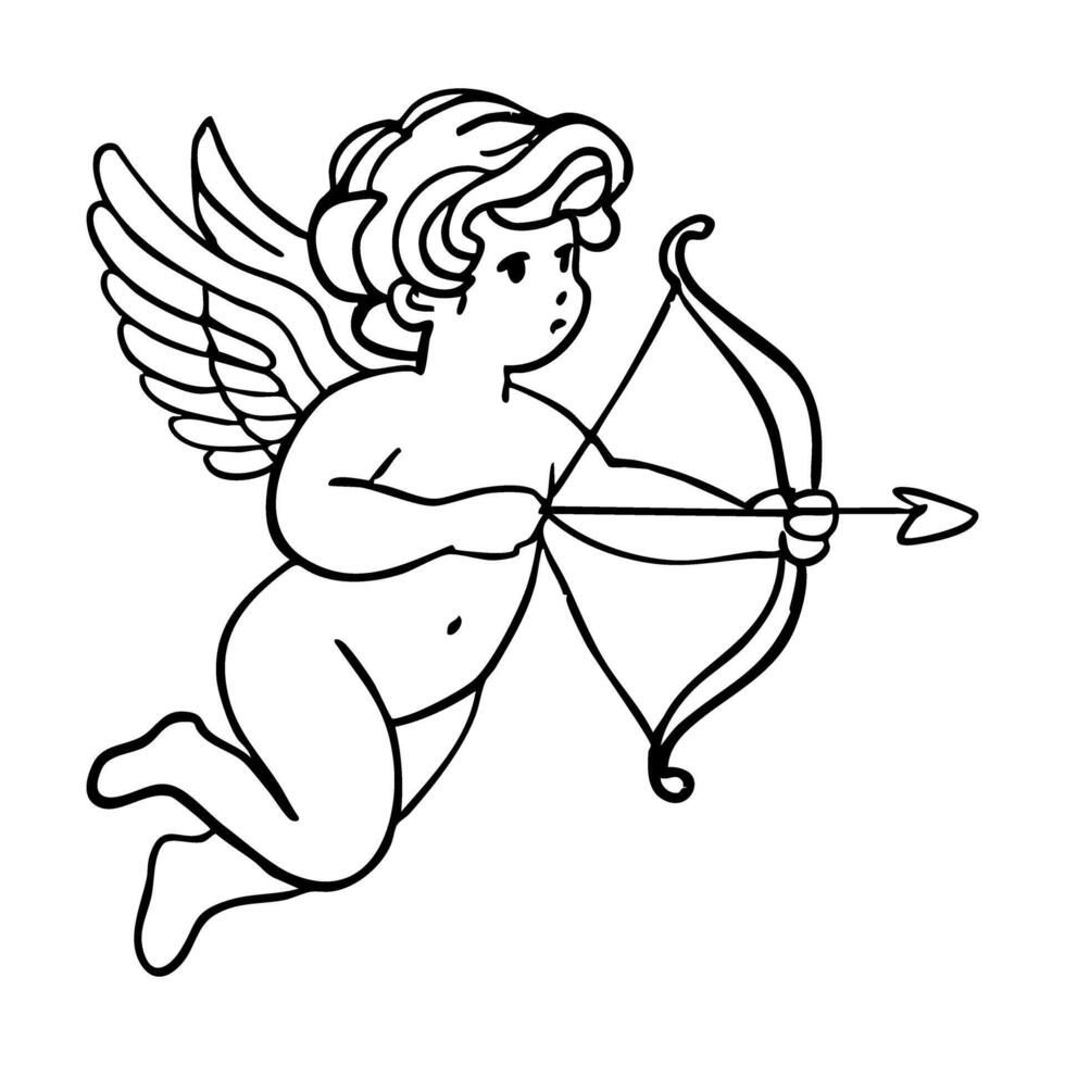 A young man dressed as a knight is holding a bow and arrow. He is flying through the air, and his wings are spread out vector