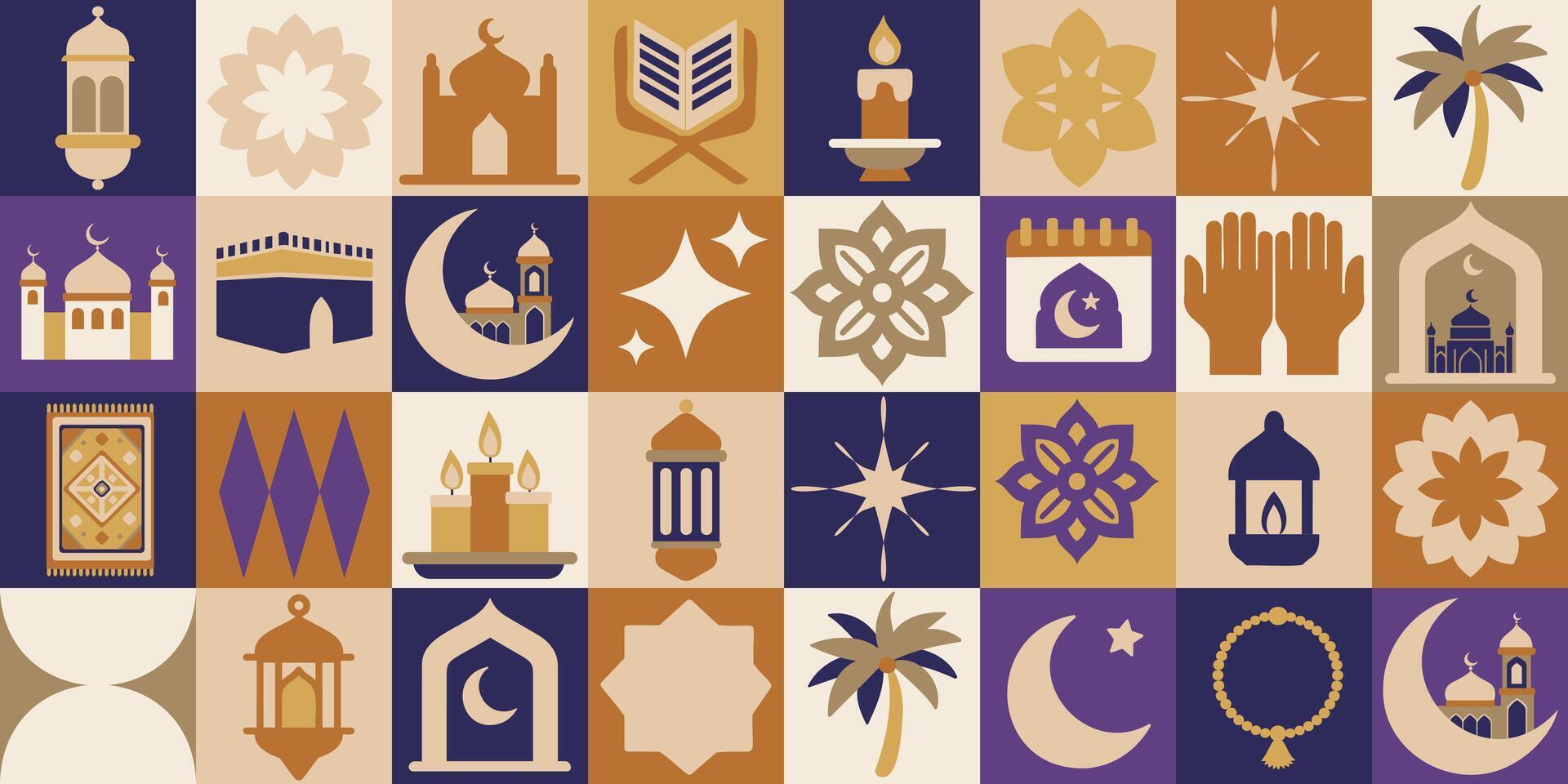 A geometric patter of Ramadan symbols, including a palm tree, a star, and a crescent moon vector