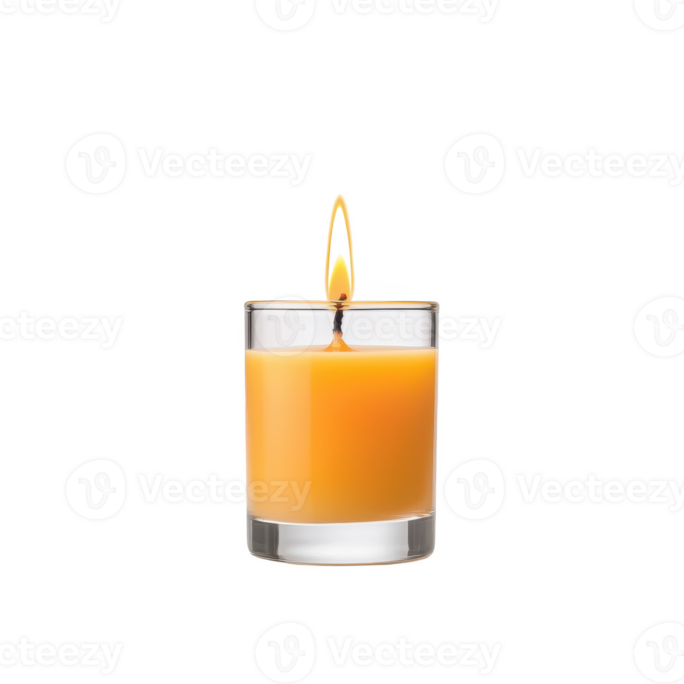 A candle with orange wax burning in a glass holder, creating a warm ambiance. png