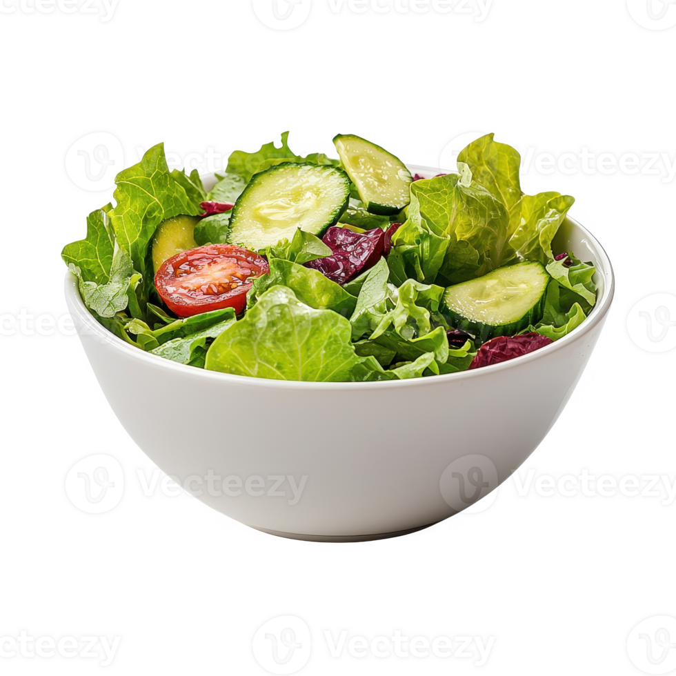 Fresh salad with vibrant vegetables in a white bowl, perfect for healthy meals. png