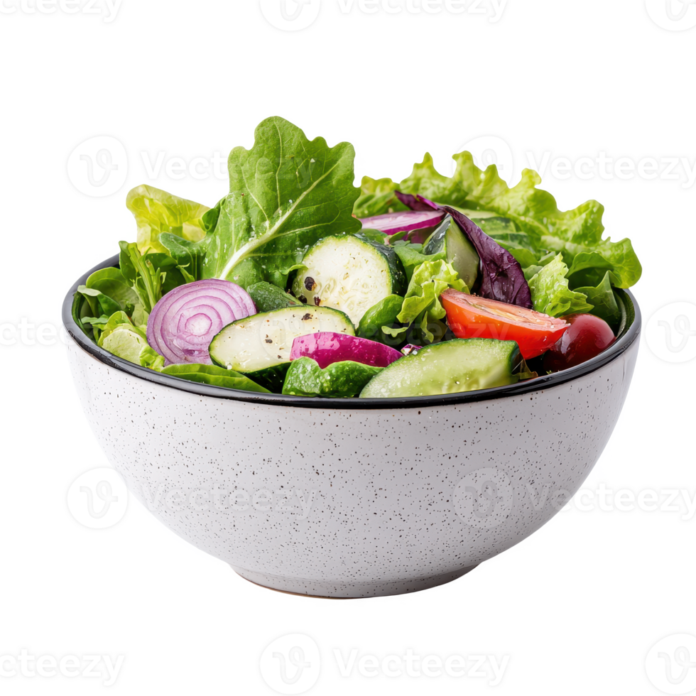 Fresh vibrant salad with a mix of greens and vegetables in a bowl. png