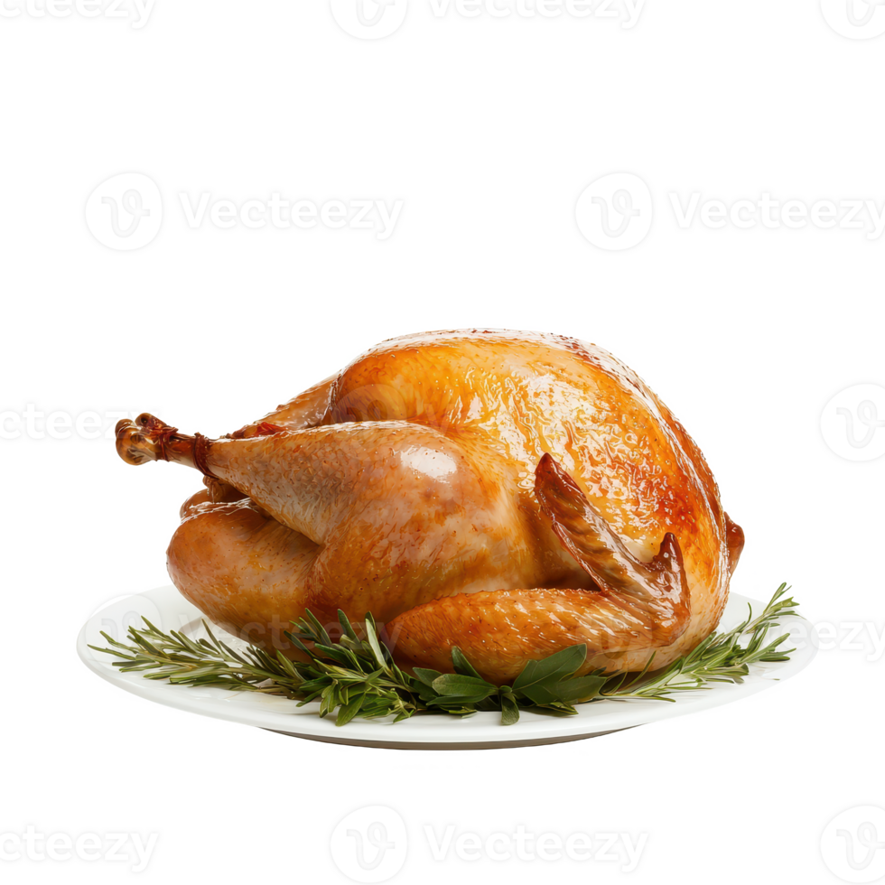 Roasted chicken on a plate garnished with fresh herbs, perfect for any meal occasion. png