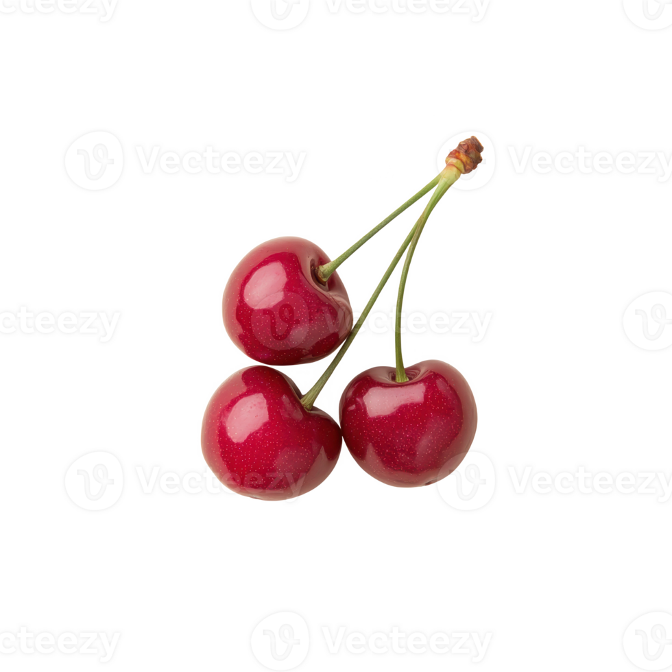 Fresh red cherries with glistening skins on a white background. png