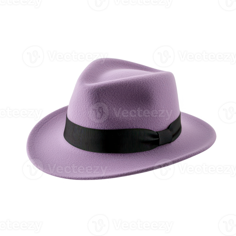 Stylish purple fedora hat with black ribbon, perfect for fashion enthusiasts. png