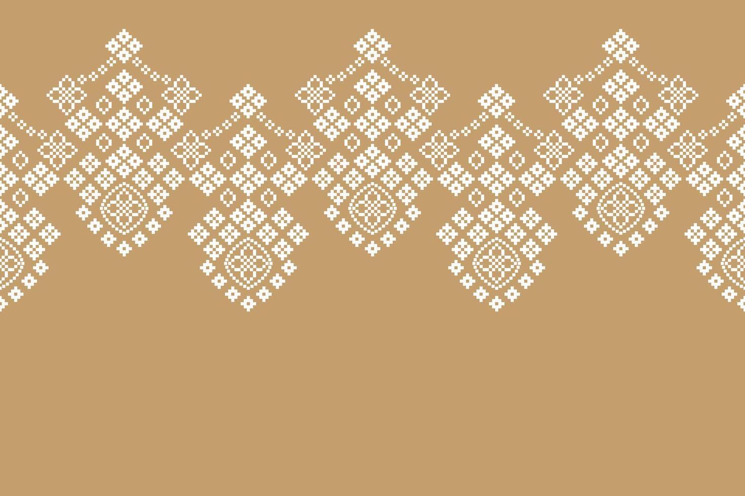 White cream brown background color with ethnic pattern Cross stitch background motif pixel art. vector