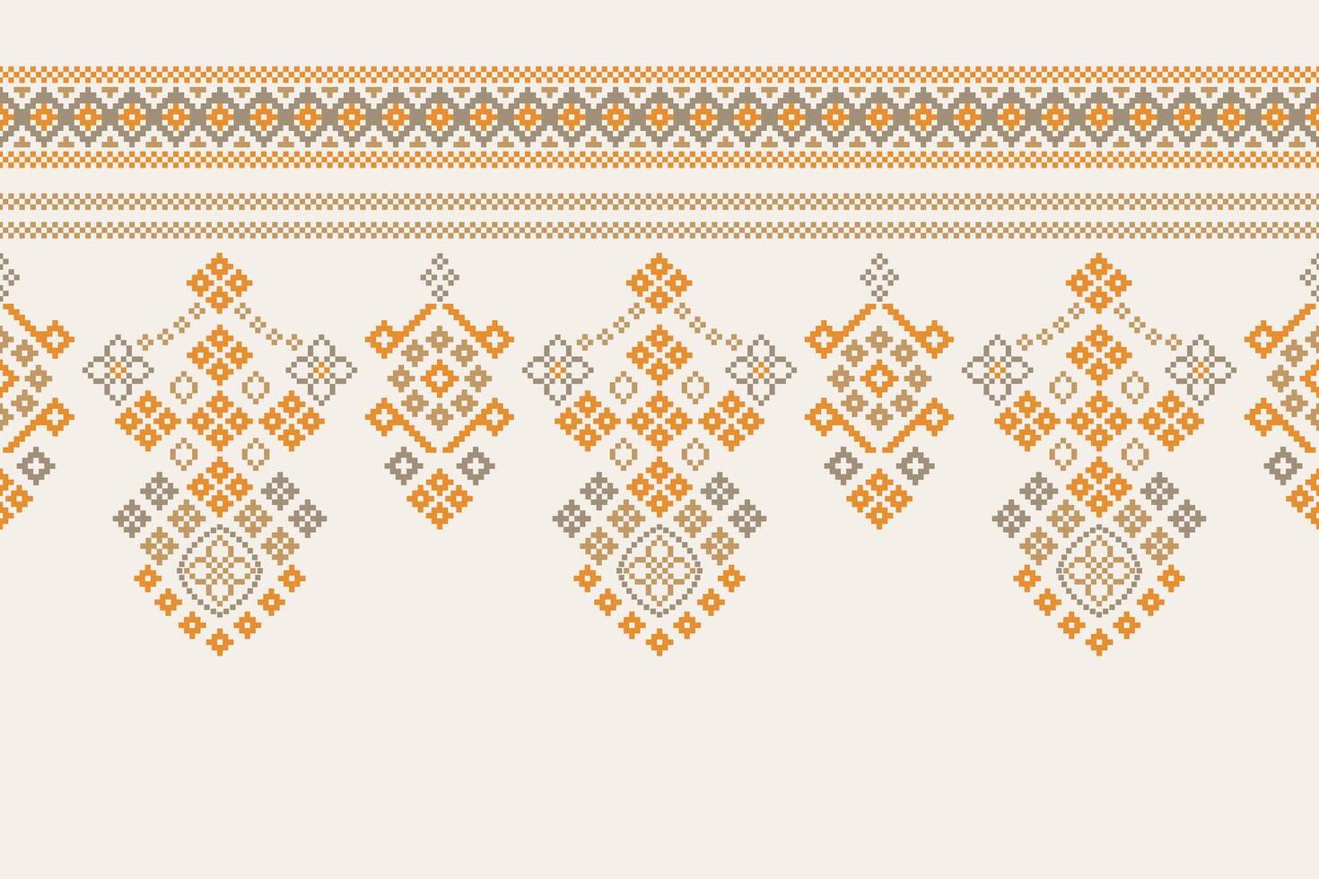Cross stitch white cream brown color background motif retro ethnic fabric pattern. vector