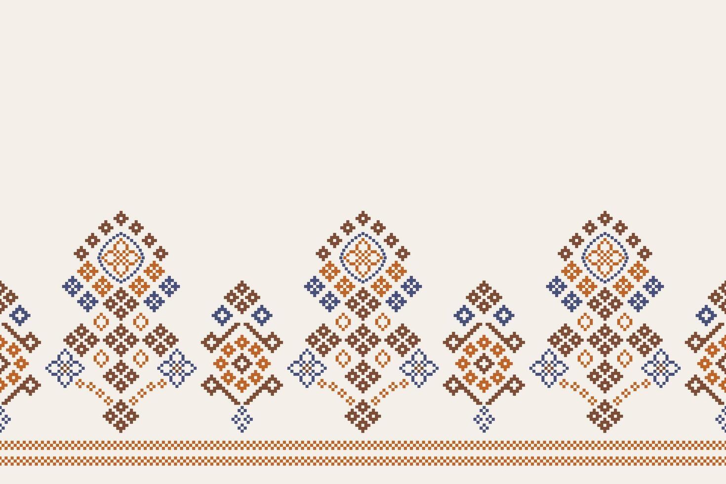 Ethnic pattern Cross stitch white cream brown color background motif retro pixel art fabric. vector