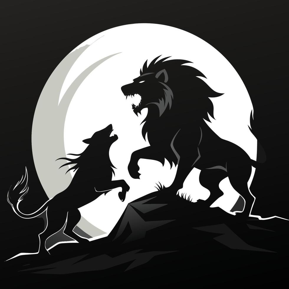 Two lion fighting in front of the moon vector