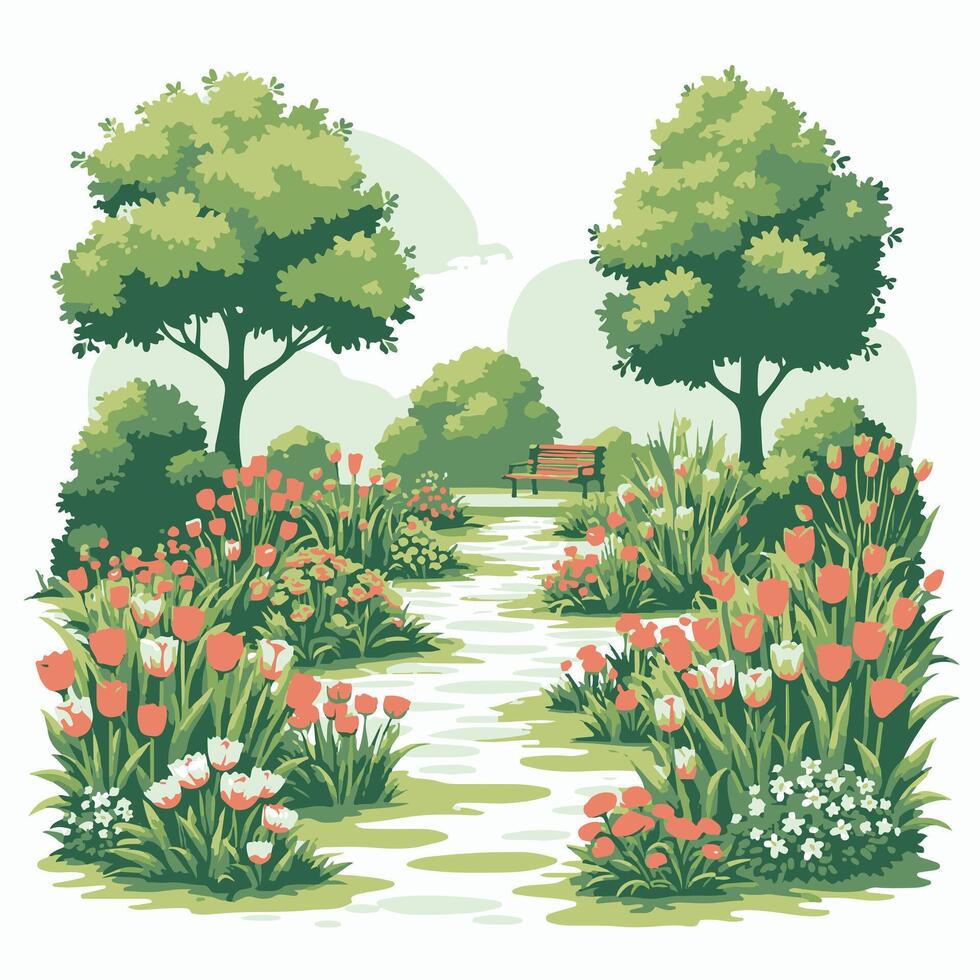 illustration of a park with flowers and trees vector