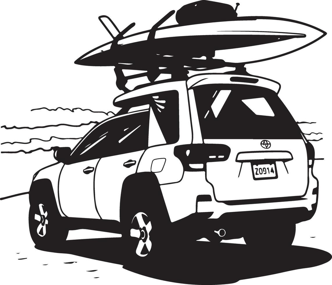 A drawing of a car with a surfboard on top vector