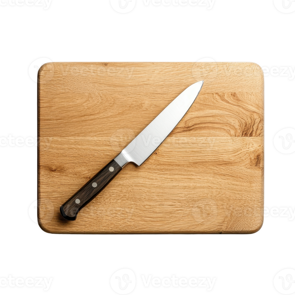 Chef's knife on a wooden cutting board, perfect for culinary tasks. png
