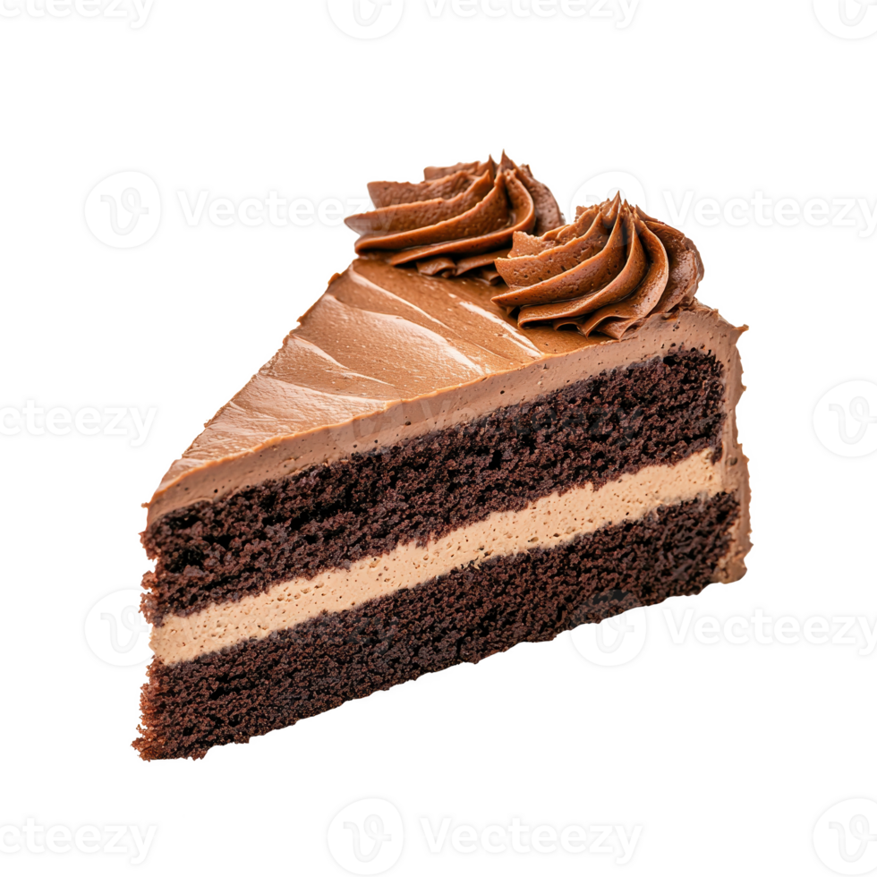 Chocolate cake slice with creamy frosting, delicious dessert on isolated background. png